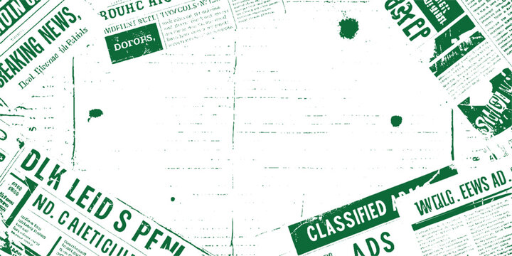 Scattered green newspaper clippings with headlines and text on white background