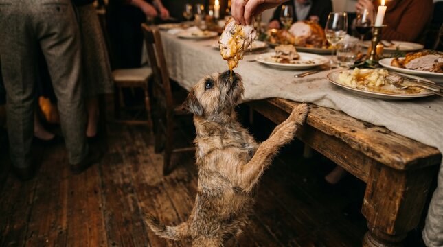 Dog begging for Thanksgiving turkey scraps by standing on hind legs at dinner table
