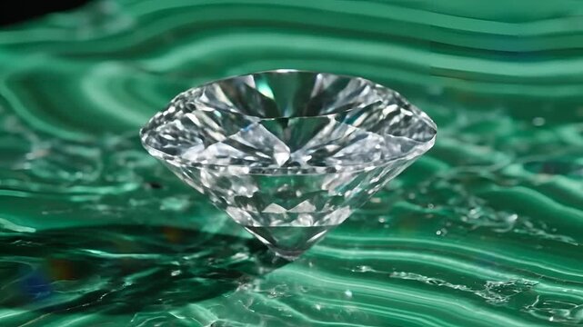 Sparkling Diamond on Green Malachite Surface Macro Shot.