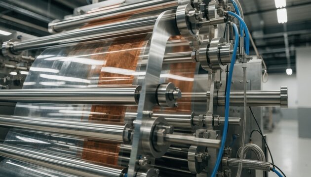 Medium shot of sheetfed flexible circuit lamination process highlighting individual polymer sheets being coated with copper traces for electronics assembly.