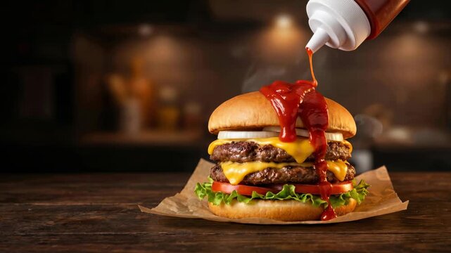 Slow motion video of ketchup being squeezed onto a delicious double cheeseburger with melting cheese, fresh lettuce, and tomatoes on a dark rustic kitchen table background