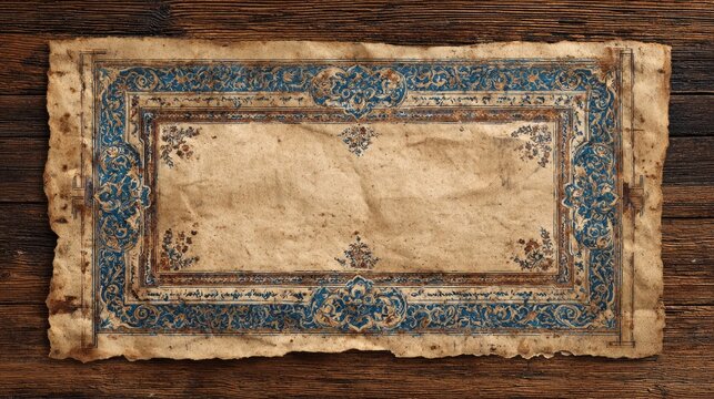 Aged, ornate blue and brown rectangular paper with floral border