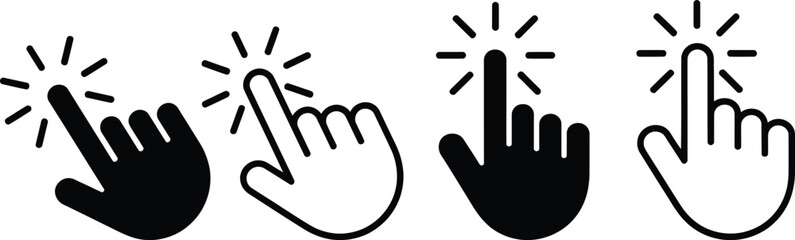 Fototapeta premium Hand Clicking Cursor Icon Set with Pointing Finger and Touch Symbols. Line Art and Silhouette Black Minimalist Interface Vector Elements.
