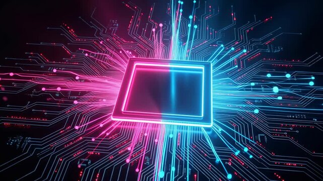 Futuristic cpu processor glowing on circuit board with neon blue and pink data light signals moving rapidly in high tech computing concept video