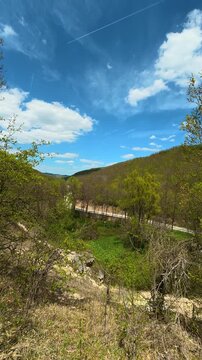 Trees show early spring growth. Bigar Waterfall, Serbia. Vertical