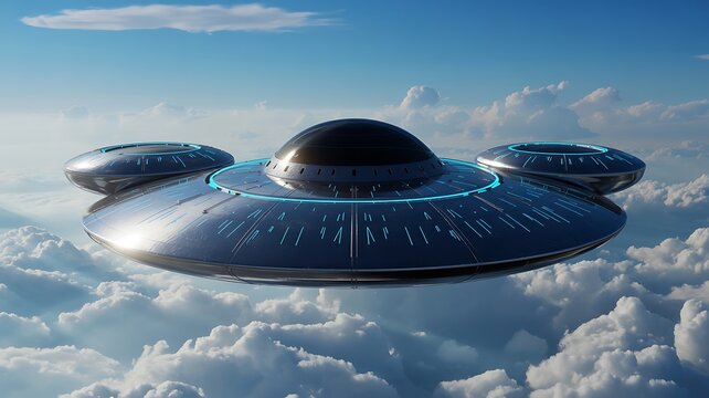 Futuristic flying saucer spacecraft hovering above clouds in advanced alien technology concept