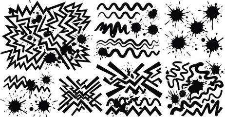 Graffiti texture element collection with hand drawn zigzags, waves, and paint blots vector, street art grunge line set. © Graphiccircle