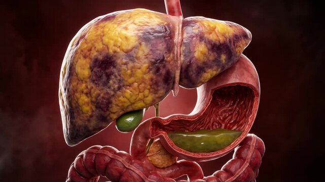 3D medical animation showcasing human liver cirrhosis anatomy with damaged fatty tissue gallbladder stomach and intestine sections over dark background