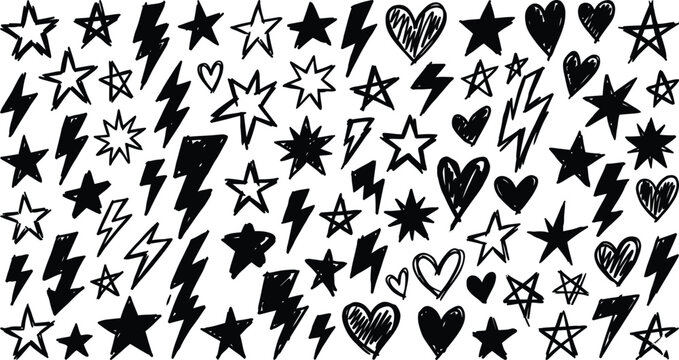Retro Y2K doodle icon collection with punk style lightning flashes and stars vector, vintage alternative element symbol set.