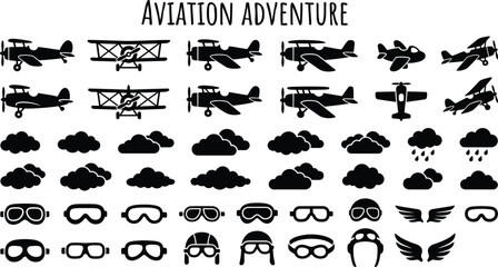 Retro aircraft flight element bundle with biplane silhouettes, leather helmets, and stormy clouds vector, vintage aviation emblem badge set. © Graphiccircle
