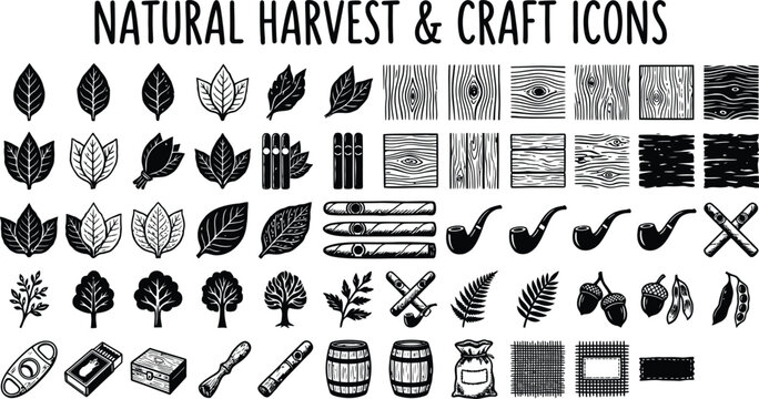 Rustic agriculture craft collection with tobacco leaves, wood grain textures, and barrels vector, vintage farm heritage element set.