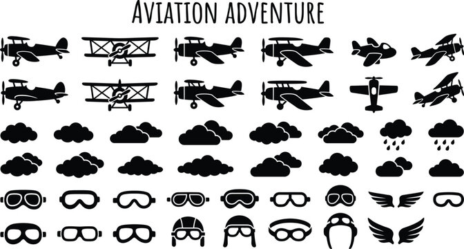 Retro aircraft flight element bundle with biplane silhouettes, leather helmets, and stormy clouds vector, vintage aviation emblem badge set.