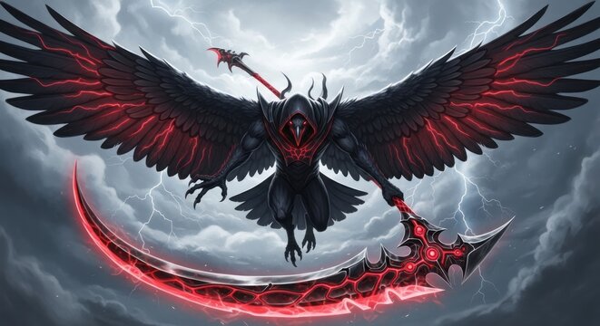Menacing Dark Fantasy Winged Reaper with Glowing Red Scythes Flying Through a Dramatic Stormy Sky