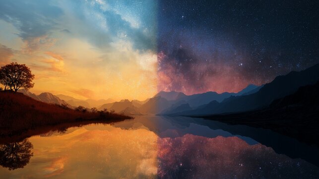 Surreal Landscape Split Bright Sunny Day and Colorful Starry Night Smooth Transition Vibrant Tones


