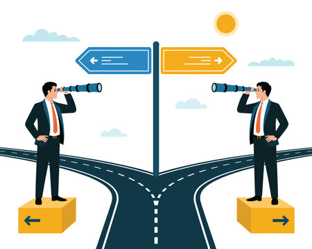 Business decision illustration set, generic businessmen at road fork with binoculars and directional signs for strategy planning design.