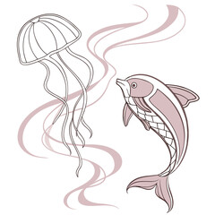Pink dolphin and jellyfish illustration © Tas
