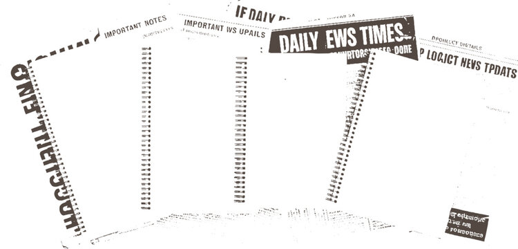 Scattered spiral bound notebooks and newspaper clippings with text fragments writing