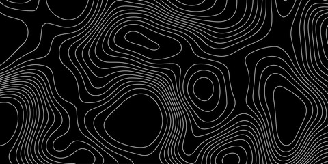 Topographic map background with white contour lines on black vector abstract terrain isoline pattern, abstract black and white topographic contour lines organic flowing curves vector background. © Abu Bokkor Siddique