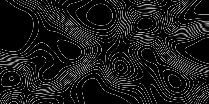 Topographic map background with white contour lines on black vector abstract terrain isoline pattern, abstract black and white topographic contour lines organic flowing curves vector background.
