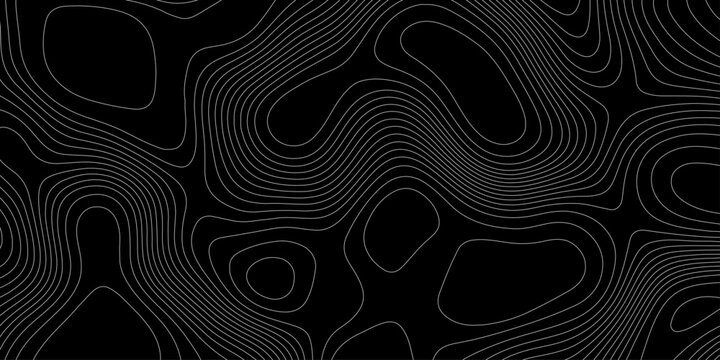 Topographic map background with white contour lines on black vector abstract terrain isoline pattern, abstract black and white topographic contour lines organic flowing curves vector background.