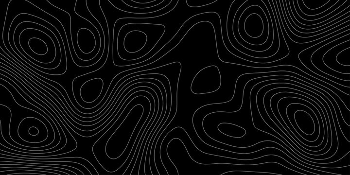 Topographic map background with white contour lines on black vector abstract terrain isoline pattern, abstract black and white topographic contour lines organic flowing curves vector background.