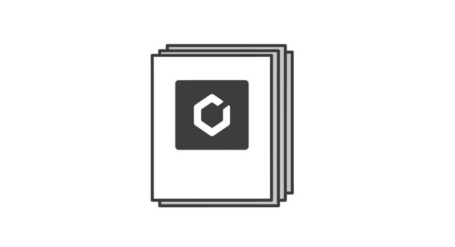 Stack of documents with logo.