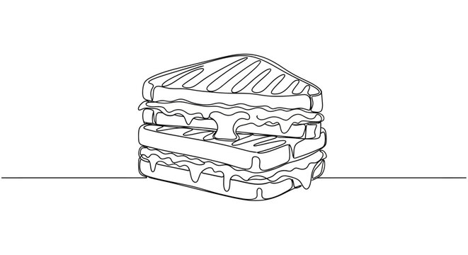 Continuous line drawing of a delicious toasted grilled cheese sandwich.