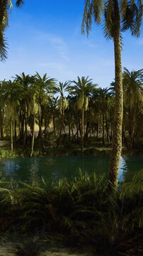 A group of tall palm trees surrounds a calm body of water in a desert. Sand dunes rise in the background under a clear blue sky. The scene shows nature and warmth of the desert.