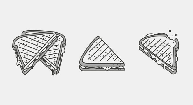 Set of hand drawn grilled sandwich line art icons.