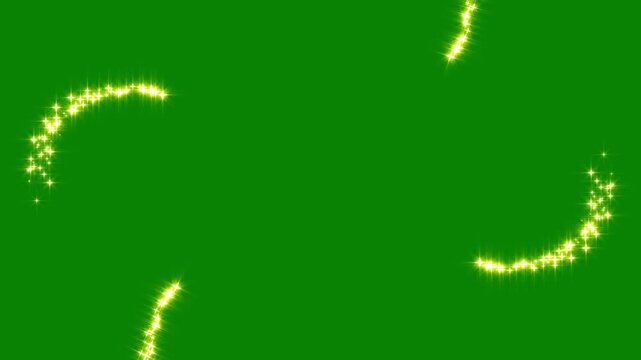 Sparkling gold stardust particle trails forming a circular star frame on green screen background for chroma key compositing in fantasy movies, magic spells and festive video effects.