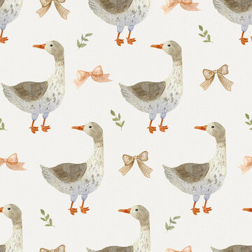 Watercolor seamless pattern with cute geese, hand-drawn bows, and small leafy sprigs on a light background, perfect for rustic nursery fabric.