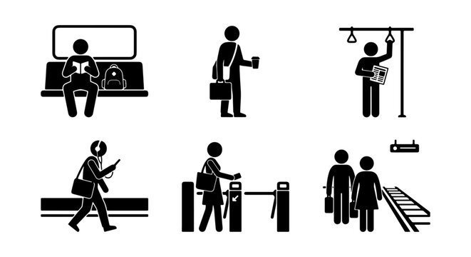 Commuter Icons, Public Transport People, Urban Travel Figures, Set of 6 Vector Graphics