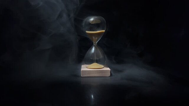 4K footage of an hourglass with golden sand on a dark smoky background, symbolizing time pressure, deadlines, urgency, reflection and the passing of time in a dramatic cinematic style.