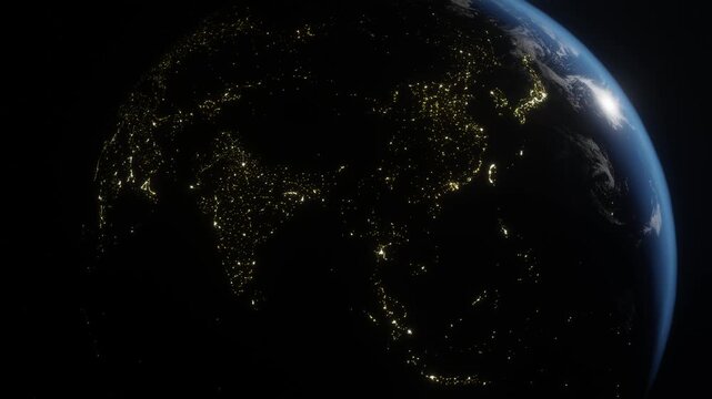 India, Bangladesh, Sri Lanka and Asia at Night from space, slow camera zoom into an orbiting globe