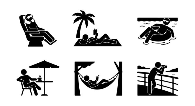 Relaxation Icons, Leisure Activities, Vacation Lifestyle, Travel Set, Human Figures