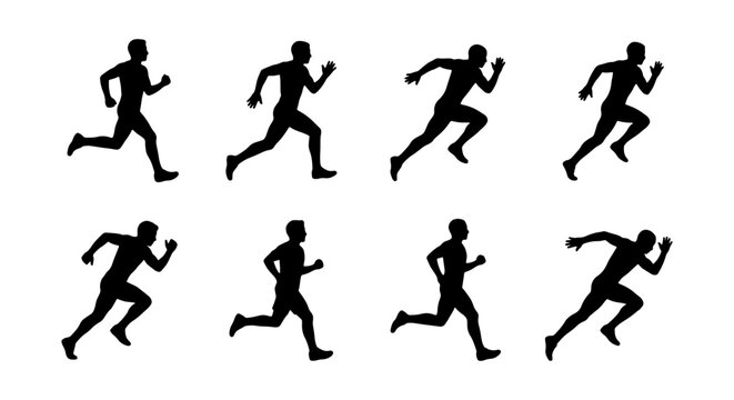 Running Man Silhouette Animation Frames, Athlete Motion Sequence, Sprinting Figure Set