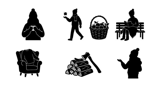 Cozy Winter Activities Vector Icons, Cozy Home & Outdoor Scenes, Knitting, Apple Picking, Firewood