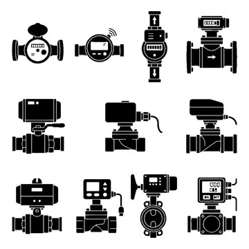 Set of industrial flow meter and valve icons for fluid control systems.