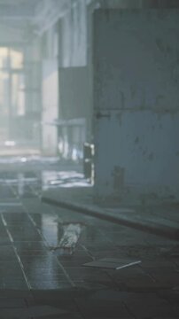 A long hallway in a quiet building shows wet floors reflecting light. Light from windows creates patterns on the ground. The area looks unused and abandoned.