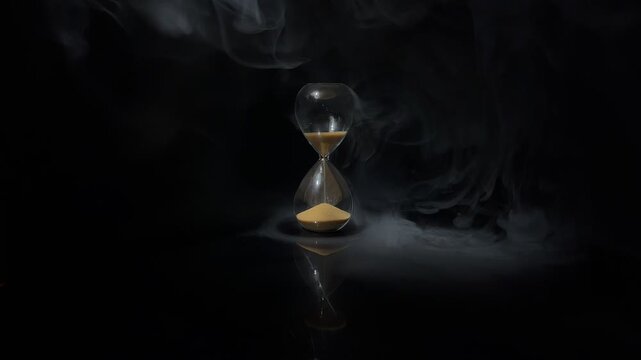 4K footage of an hourglass with golden sand on a dark smoky background, symbolizing time pressure, deadlines, urgency, reflection and the passing of time in a dramatic cinematic style.