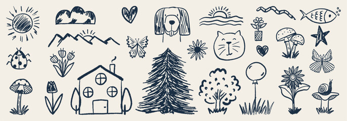 Collection of naive hand-drawn kids set. Vector doodles in a charcoal sketch style of cozy house, friendly pets, forest nature elements, and whimsical symbols.  © Aliaksandra
