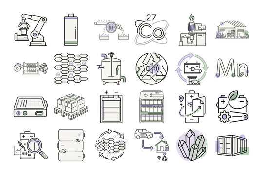 EV Battery Recycling Process Illustrated or EV Recycling Workflow Icons Set
