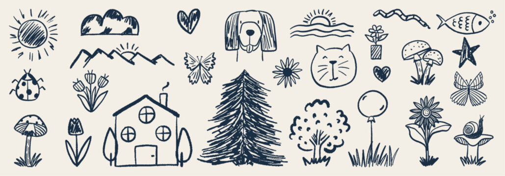 Collection of naive hand-drawn kids set. Vector doodles in a charcoal sketch style of cozy house, friendly pets, forest nature elements, and whimsical symbols. 