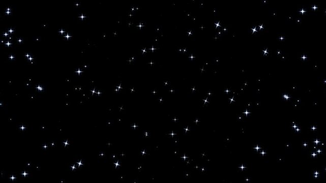 Sparkling white stars twinkling and falling with glowing particle effect on black background, creating magical night sky, celestial atmosphere and elegant festive overlay animation