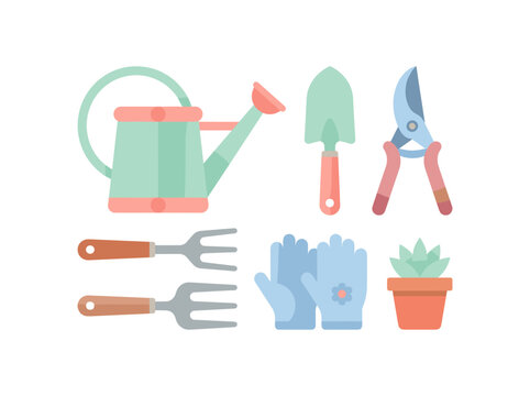 Colorful gardening tools and gloves with potted plant