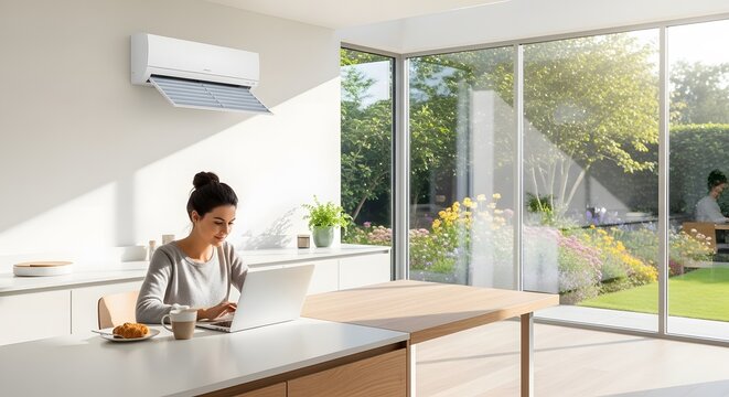 Woman working on laptop in modern kitchen with air conditioner. Comfortable home climate control system for cooling room. Efficient residential hvac technology for interior living space.