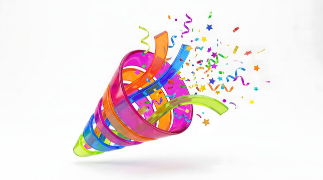 Transparent glass party popper cone with colorful internal ribbons and confetti bursting out on a white background