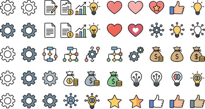 Set of Flat Vector Icons Featuring Gears, Documents, Charts, Lightbulbs, Money Bags, Stars, Hearts, and Thumbs-Up Symbols for Business, Finance, and Productivity Projects