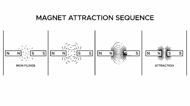 Magnet Attraction Sequence: Iron Filings, Magnetic Field Lines, Attraction