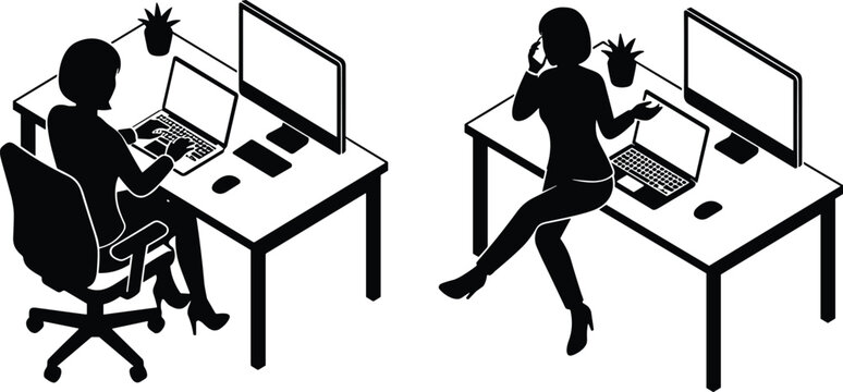 Isometric business woman silhouette typing on laptop keyboard and sitting on office desk talking on cell phone workstation vector